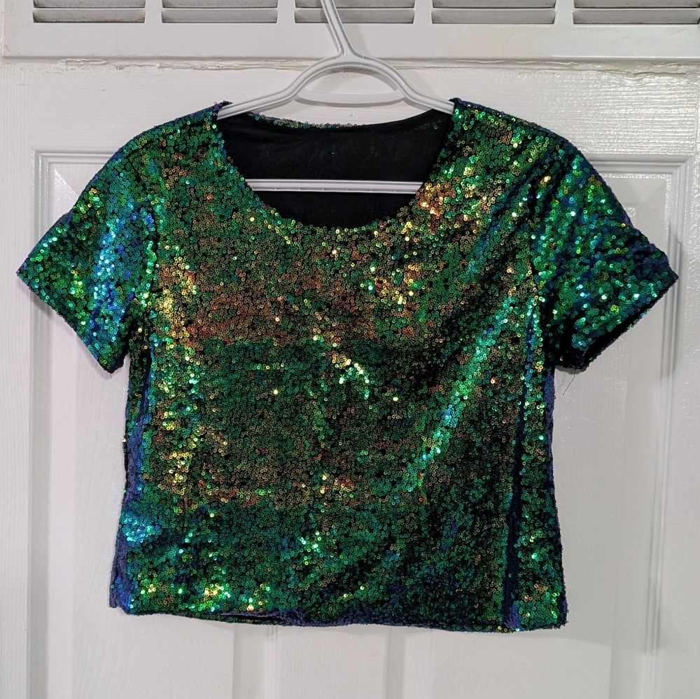 Green Sequin Crop Top